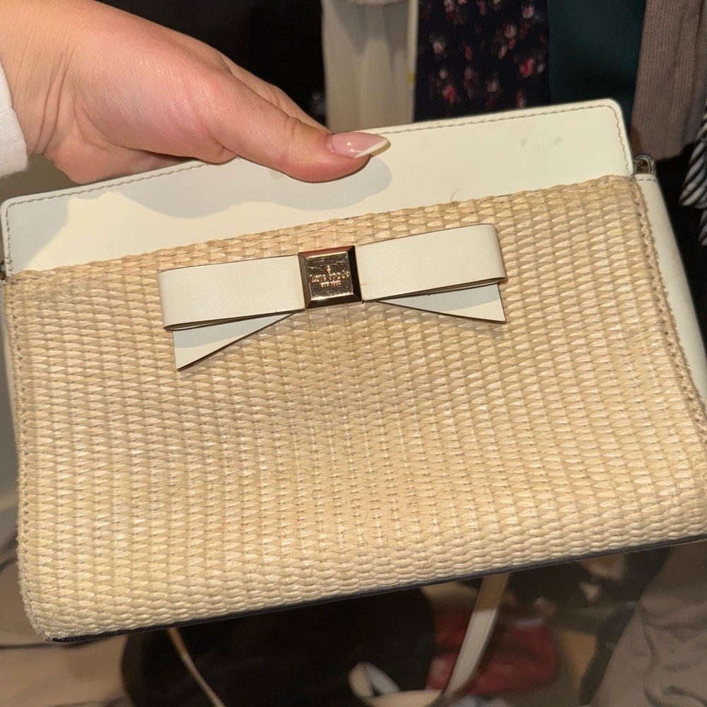 Elegant Beige and White Clutch with Bow Accent